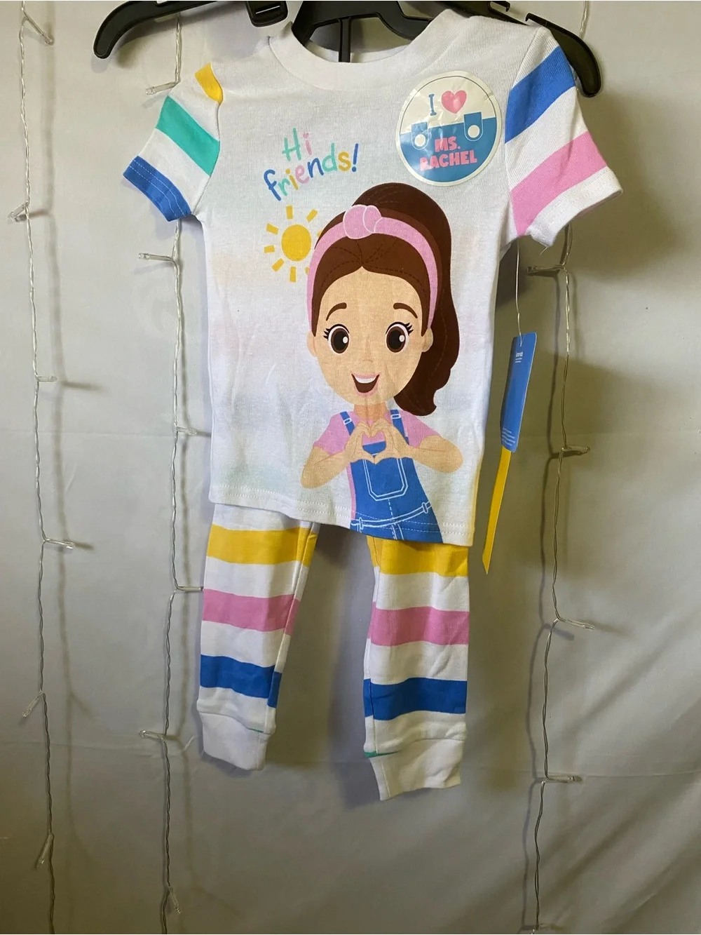 Kids White Multicolor Stripe Pajama Set with Character Graphic
